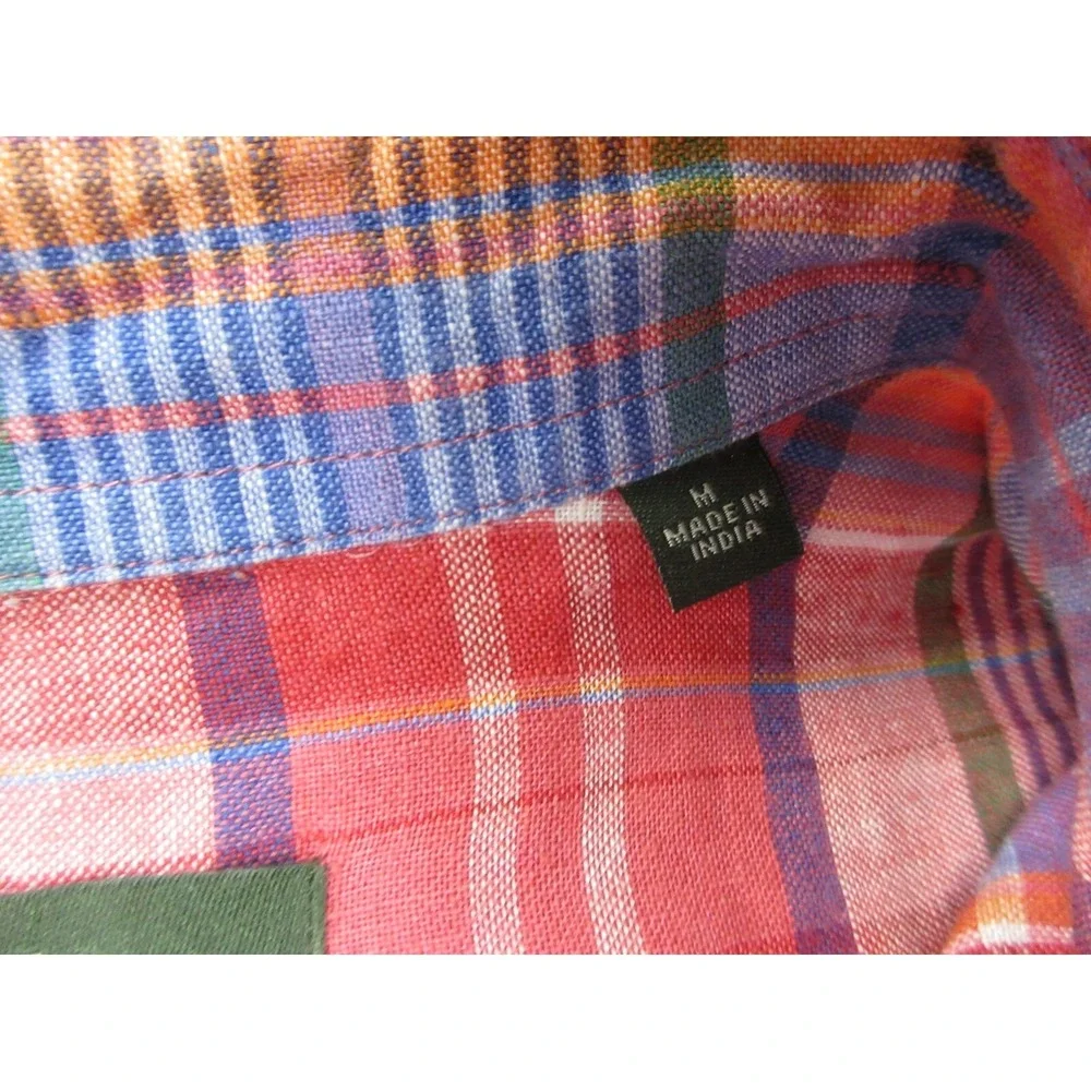 Orvis Shirt Mens Medium Red Plaid Linen Madras Button Up Casual Lightweight